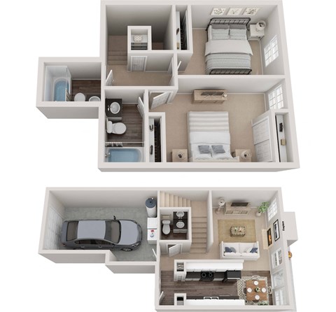 Floor plan for 2 beds, 2.5 baths, 1138 sqft